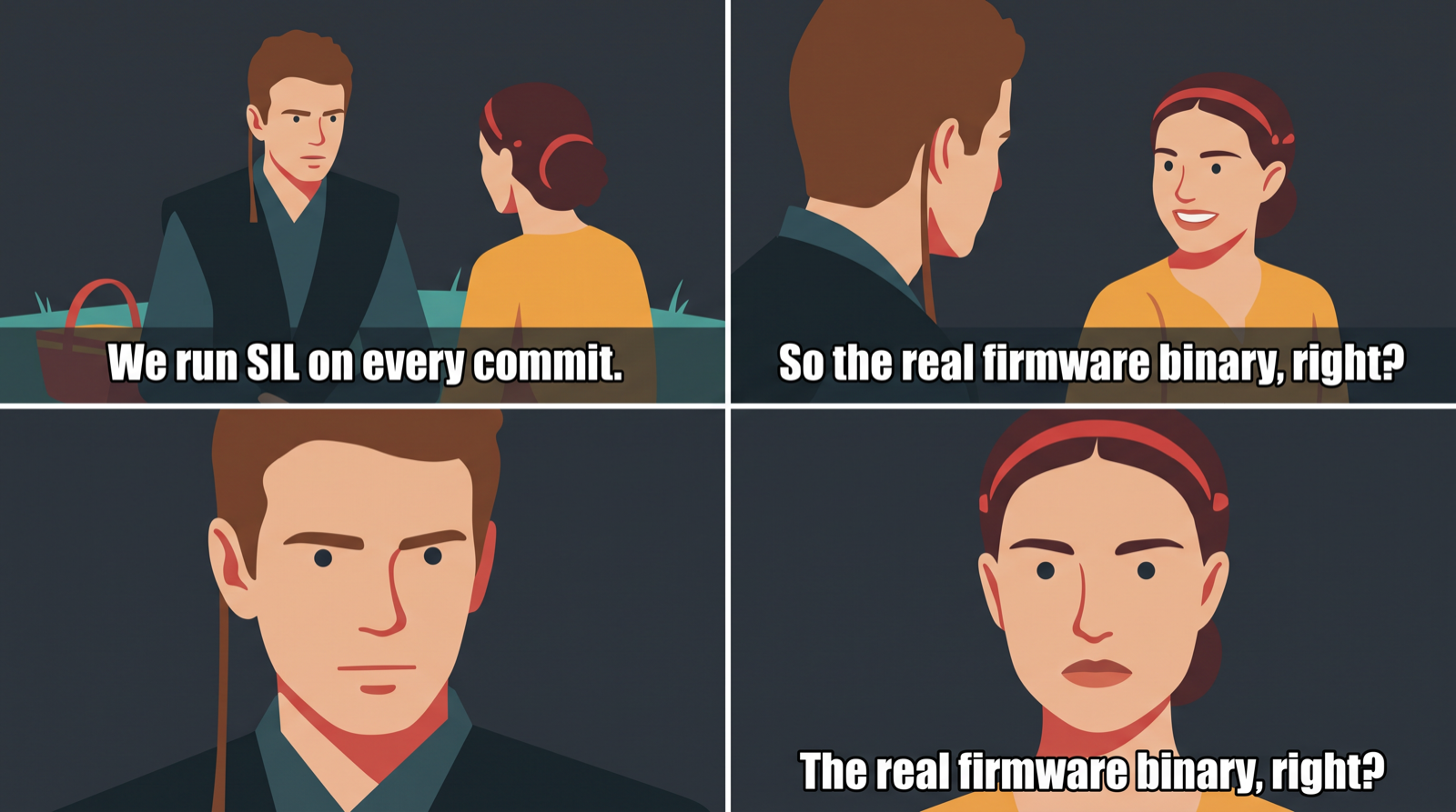 Anakin and Padmé meme about the ambiguity of software-in-the-loop testing in firmware teams