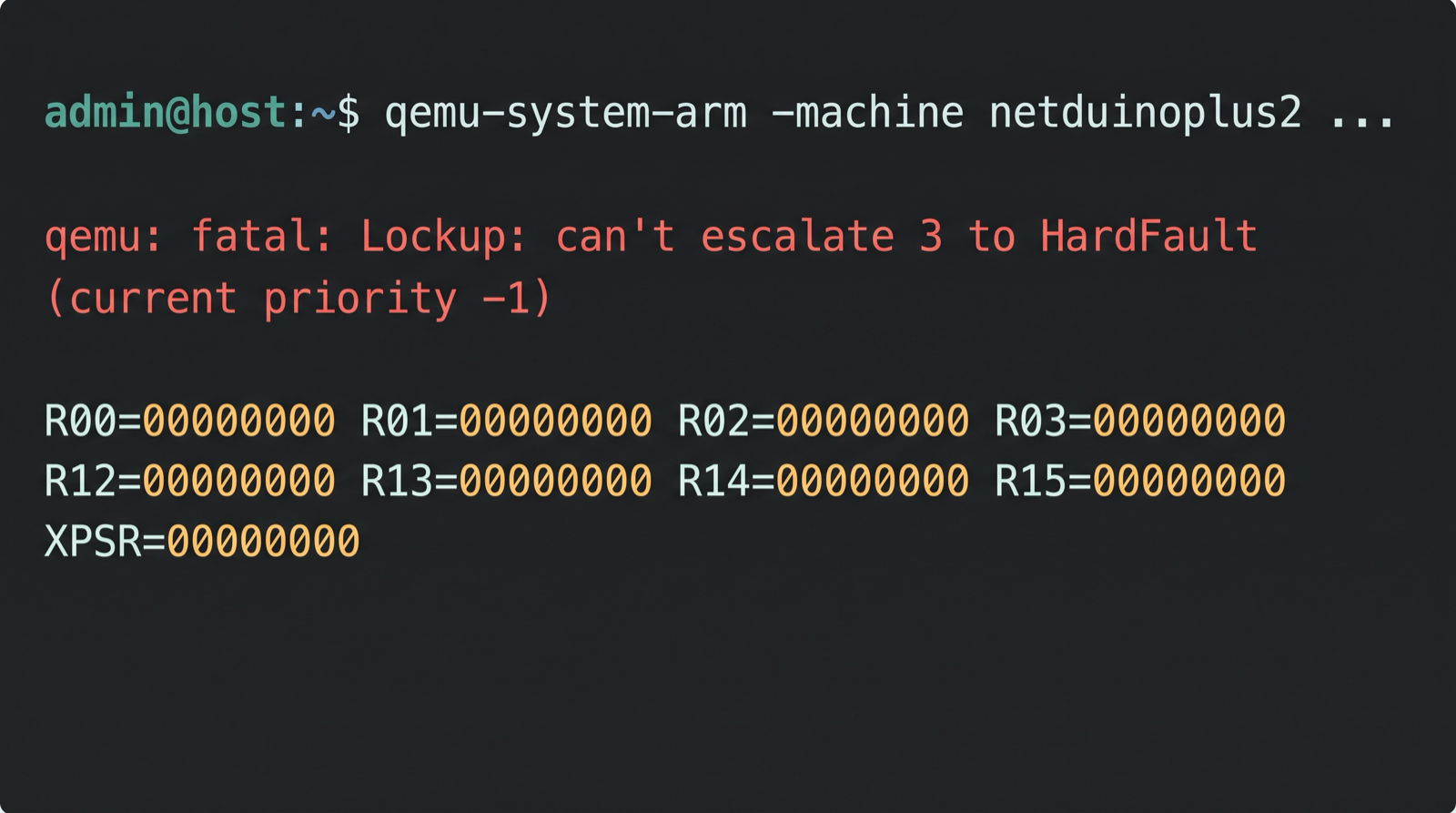 Terminal showing the QEMU Cortex-M lockup fatal error and register dump