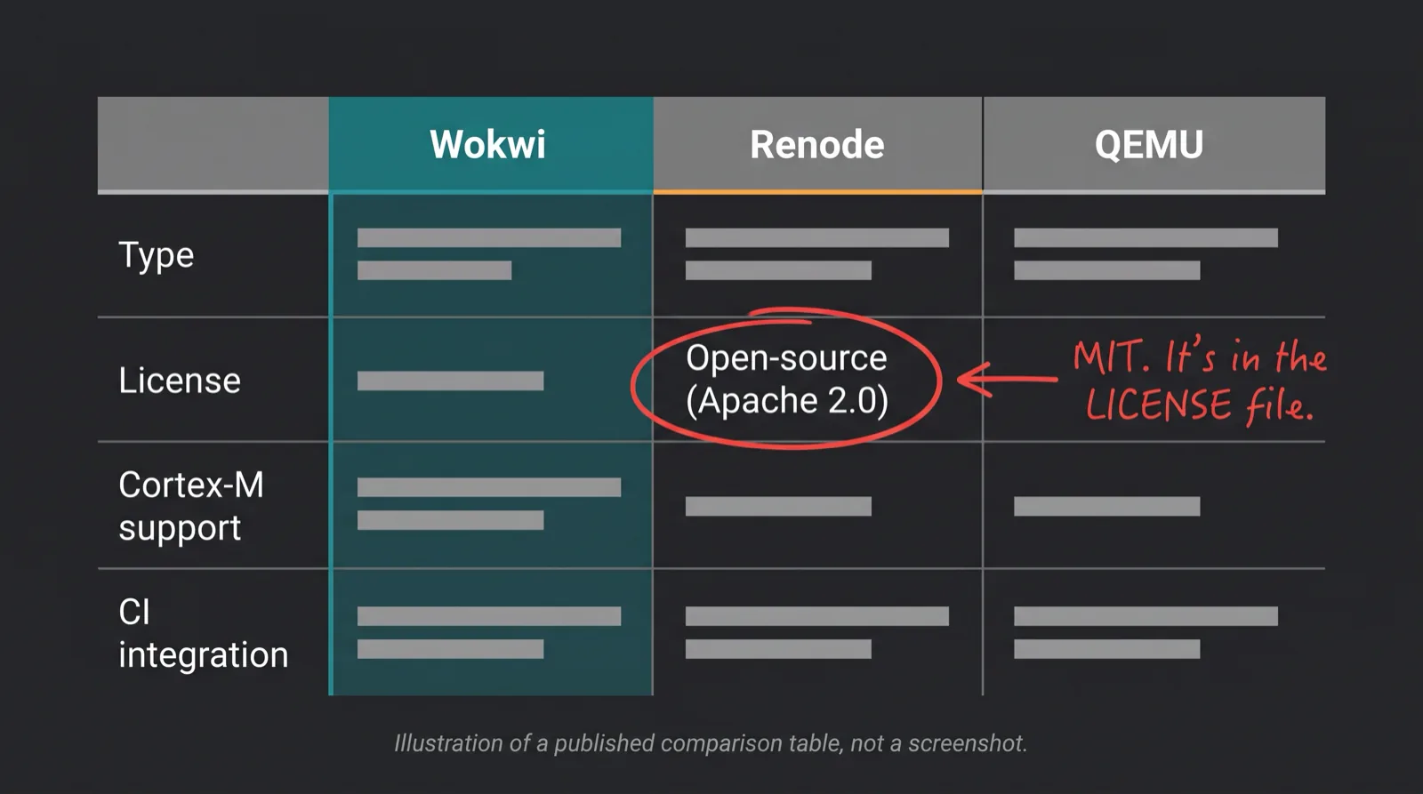 Illustration of an embedded simulator comparison table with Renode's license wrongly listed as Apache 2.0, circled in red