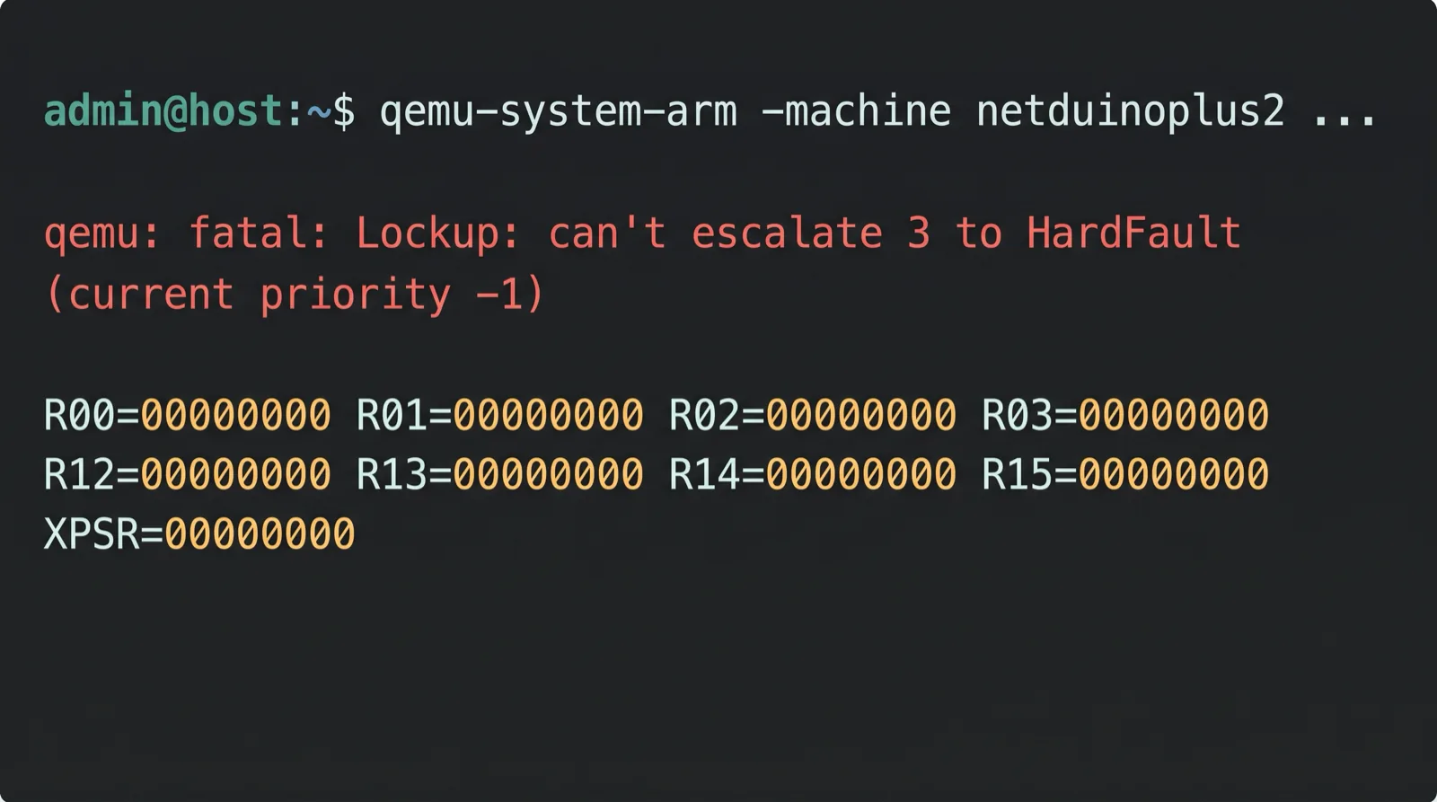 Terminal showing the QEMU Cortex-M lockup fatal error and register dump