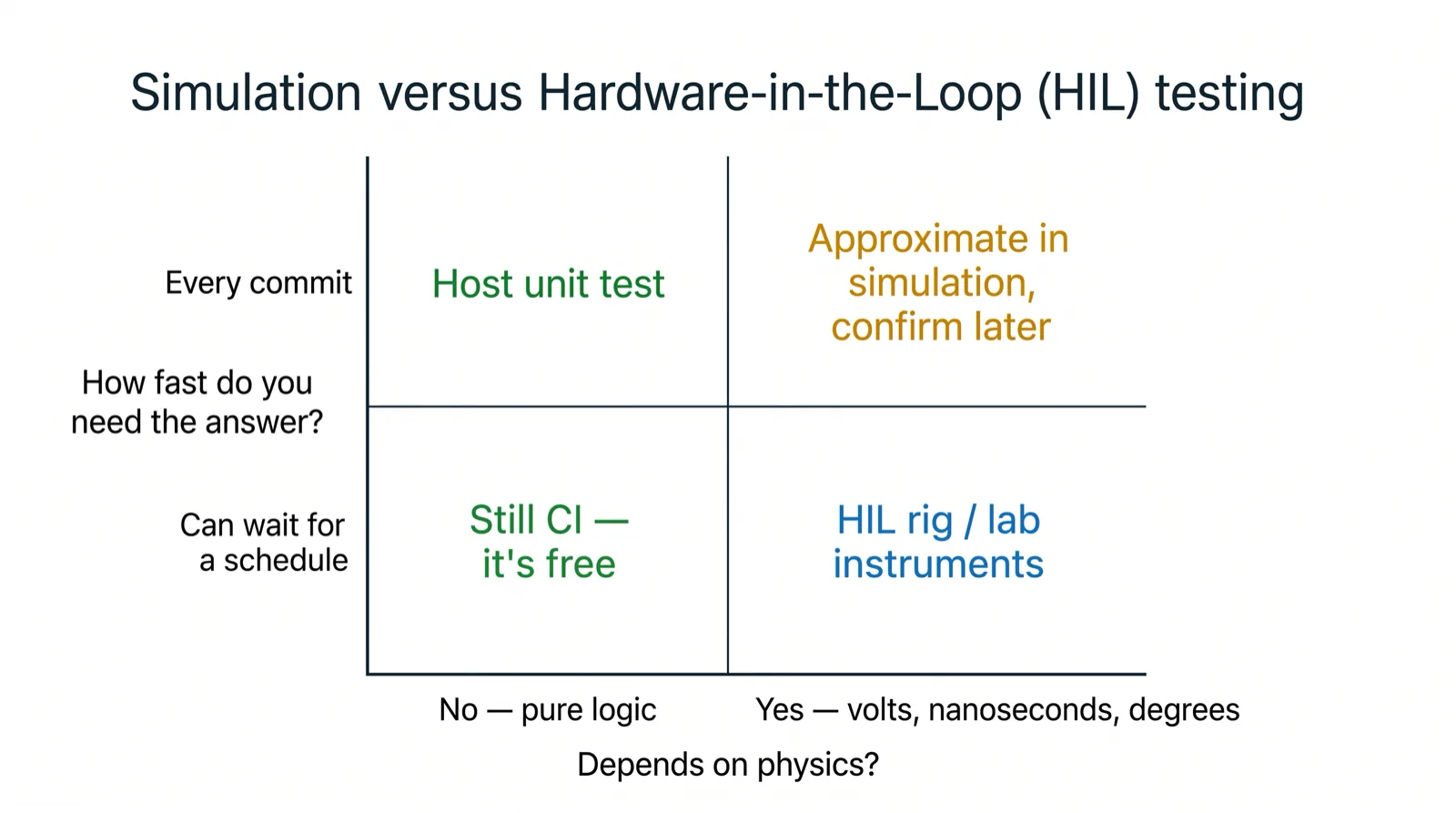 Decision quadrant for simulation vs HIL, mapping firmware tests to host unit tests, CI simulation, or the lab